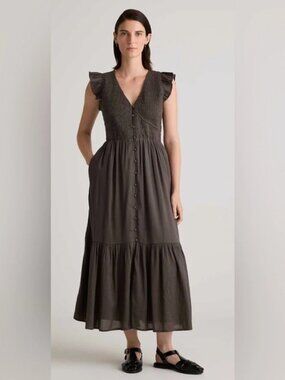 QUINCE Organic 100% Cotton Smocked V-neck Textured Midi Dress. Gray, Small